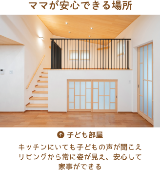 ママが安心できる場所［スキップフロア］キッチンにいても子どもの声が聞こえ リビングから常に姿が見え、安心して家事ができる