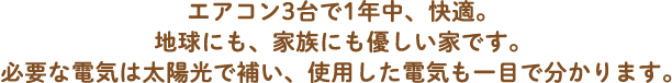 エアコン3台で1年中、快適。地球にも、家族にも優しい家です。必要な電気は太陽光で補い、使用した電気も一目で分かります。